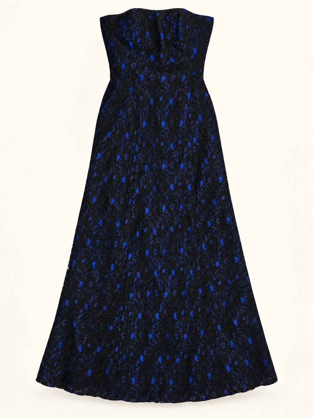 Calvin Klein Black Lace Strapless Gown with Blue Underlay